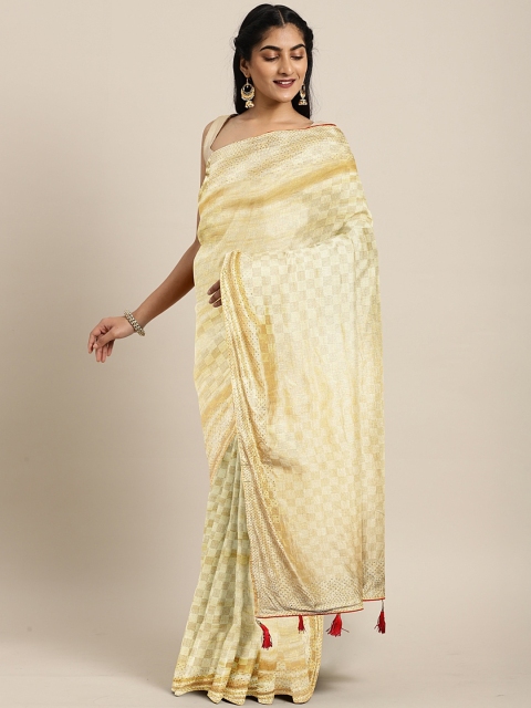 

The Chennai Silks Classicate Off-White & Gold-Toned Poly Crepe Woven Design Saree