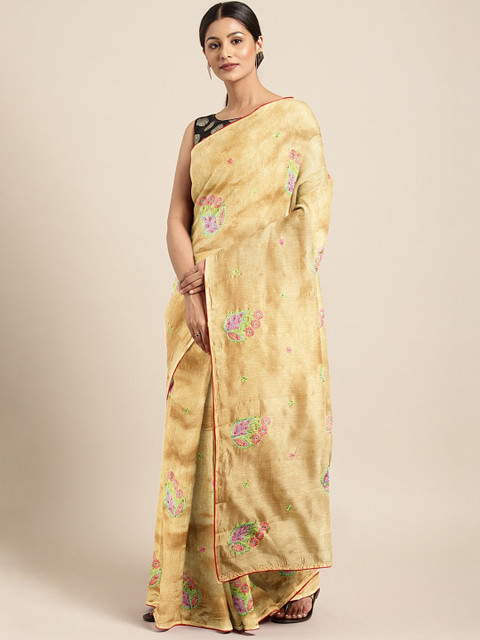 

The Chennai Silks Classicate Gold-Toned & Pink Viscose Rayon Embroidered Banarasi Saree