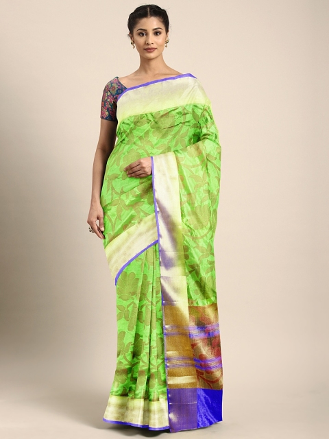 

The Chennai Silks Classicate Lime Green & Blue Silk Blend Woven Design Tussar Saree