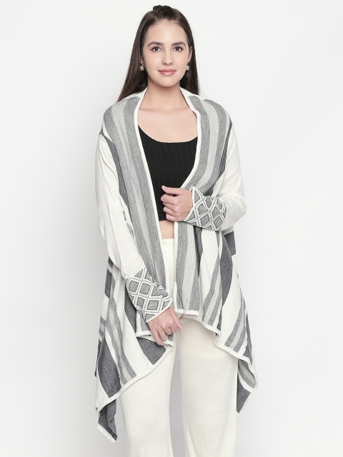 

RANGMANCH BY PANTALOONS Women Off-White & Grey Striped Open Front Shrug