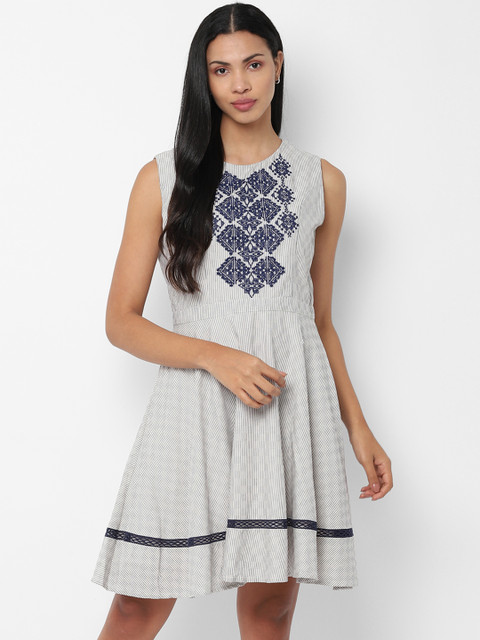 

Allen Solly Woman White and Grey Embroidered Fit and Flare Dress