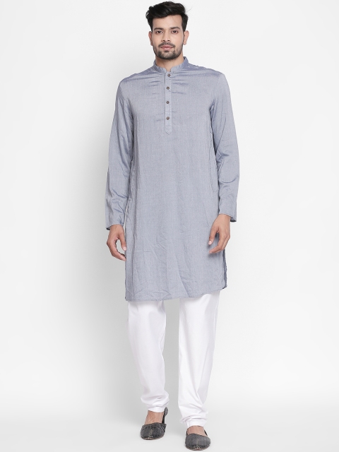 

indus route by Pantaloons Men Blue and Grey Woven Design Straight Kurta