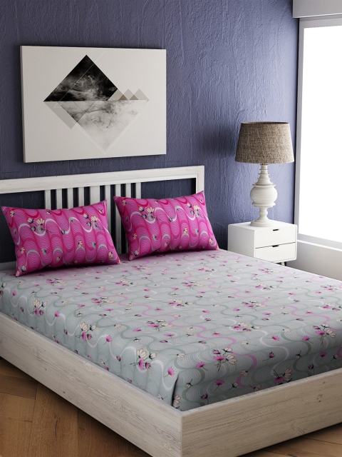 

EverHOME Grey And Pink Floral 144 TC Cotton 1 Queen Bedsheet with 2 Pillow Covers
