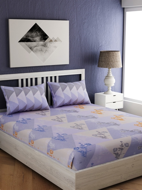 

EverHOME Purple and Grey Geometric 144 TC Cotton 1 Queen Bedsheet with 2 Pillow Covers