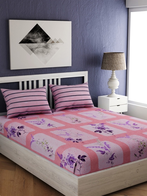 

EverHOME Pink & Violet Floral 144 TC Cotton 1 Queen Bedsheet with 2 Pillow Covers