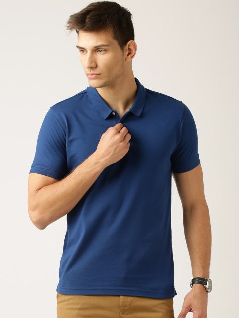 

ether Men Blue Solid Mercerized Polo Collar Pure Cotton T-shirt