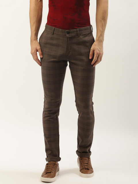 

Blackberrys Men Olive Brown & Black Slim Fit Checked Regular Trousers