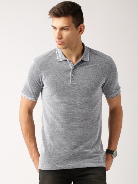

ether Men Grey Navy Blue Self-Design Polo Collar Pure Cotton T-shirt