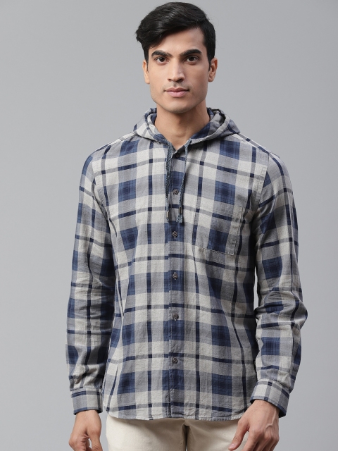 

Blackberrys Men Grey & Navy Blue Slim Fit Checked Hooded Casual Shirt