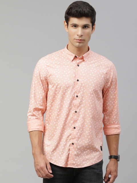 

Blackberrys Men Peach-Coloured & White Slim Fit Printed Pure Cotton Casual Shirt