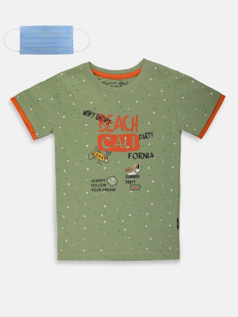 

Lil Tomatoes Boys Olive Green & Orange Printed Round Neck T-shirt With Face Mask