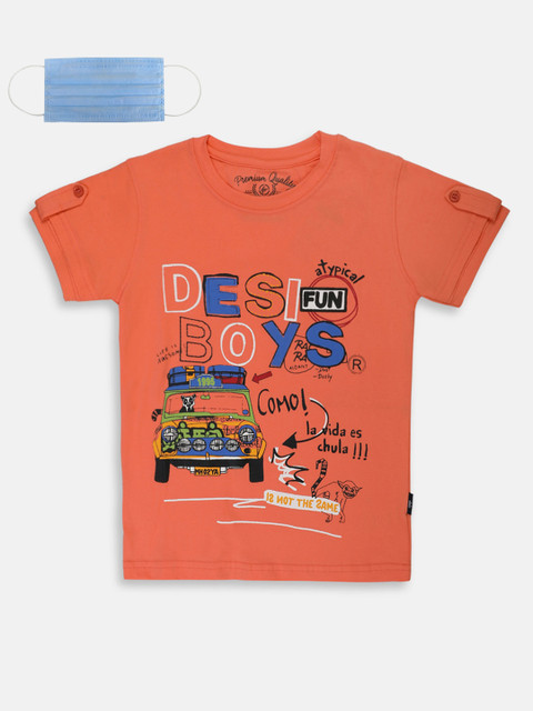 

Lil Tomatoes Boys Orange Printed Round Neck Pure Cotton T-shirt