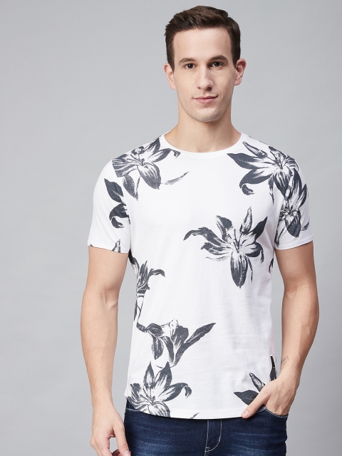 

Blackberrys Men White Charcoal Grey Floral Printed Round Neck Pure Cotton T-shirt