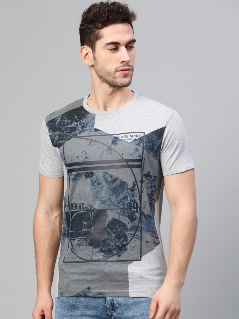 

Blackberrys Men Grey Melange & Blue Slim Fit Printed Round Neck T-shirt