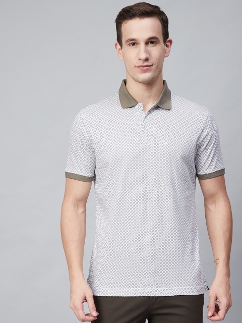 

Blackberrys Men White Olive Green Micro Ditsy Printed Polo Collar Pure Cotton T-shirt
