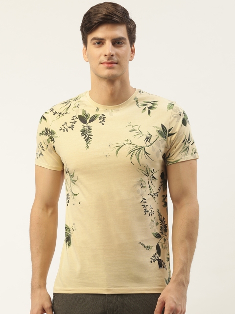 

Blackberrys Men Cream-Coloured Green Floral Printed Round Neck Pure Cotton T-shirt