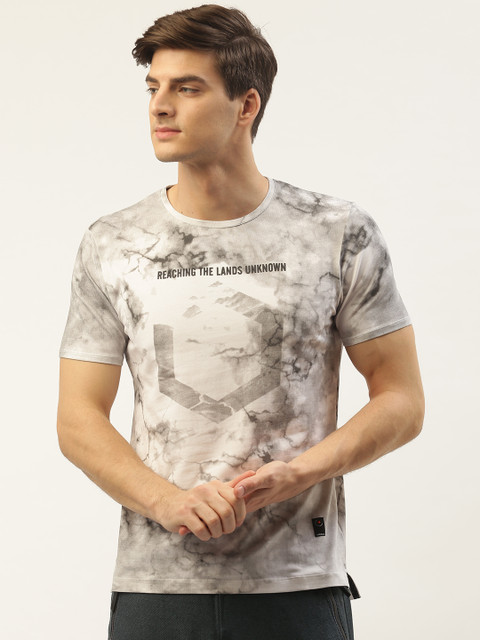 

Blackberrys Men Off-White & Grey Tie-Dye Printed Round Neck T-shirt