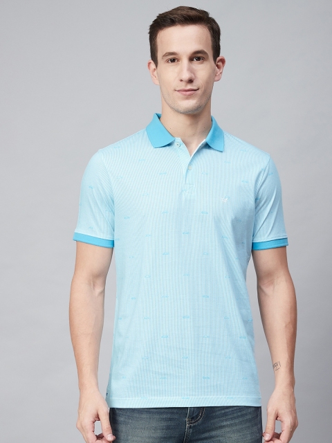 

Blackberrys Men Blue White Striped With Car Print Polo Collar Pure Cotton T-shirt