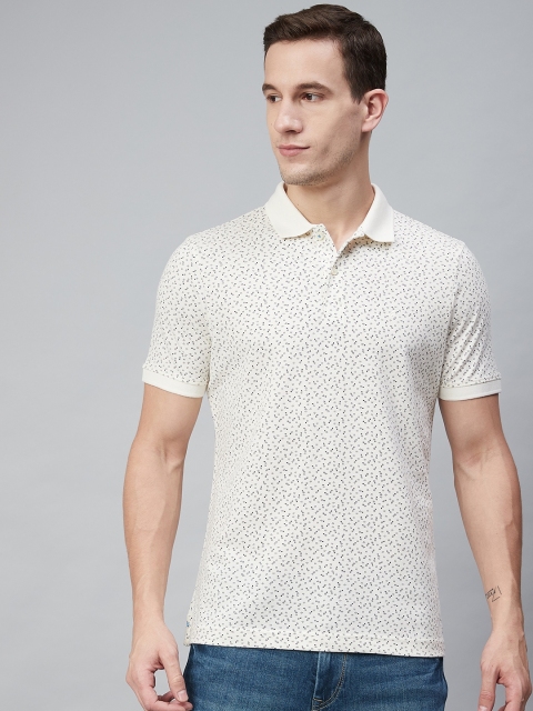 

Blackberrys Men Off-White & Navy Blue Ditsy Print Polo Collar T-shirt