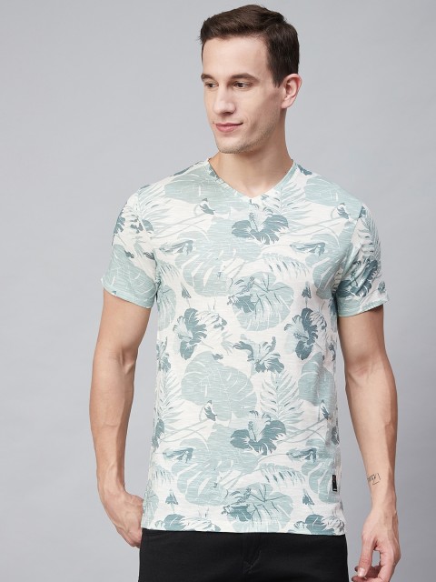 

Blackberrys Men Off-White Green Tropical Printed V-Neck Pure Cotton T-shirt
