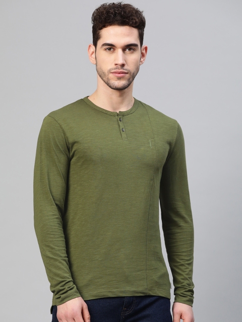 

Blackberrys Men Olive Green Solid Henley Neck T-shirt