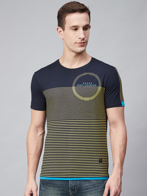 

Blackberrys Men Navy Blue & Yellow Striped Slim Fit Round Neck T-shirt