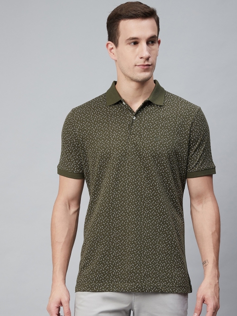 

Blackberrys Men Olive Green White Printed Polo Collar Pure Cotton T-shirt