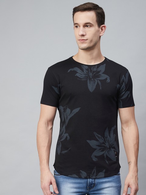 

Blackberrys Men Black & Charcoal Grey Floral Printed Round Neck T-shirt