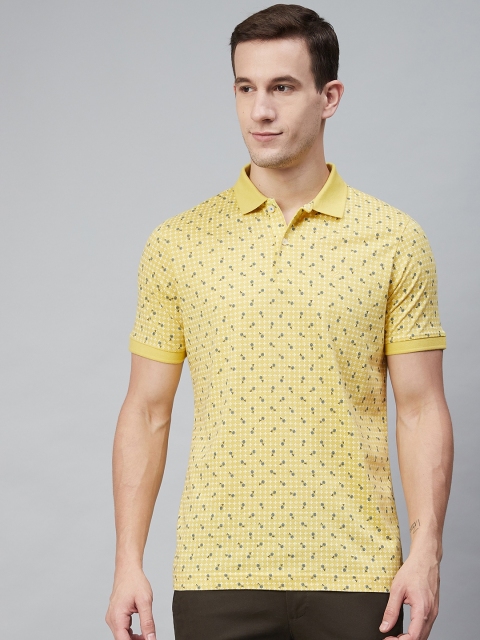 

Blackberrys Men Yellow Blue Floral Printed Polo Collar Pure Cotton T-shirt