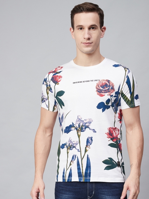 

Blackberrys Men White Navy Blue Floral Printed Round Neck Pure Cotton T-shirt