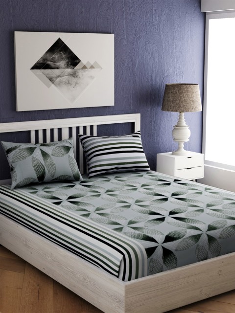 

EverHOME Green & Grey Geometric 210 TC Cotton 1 Queen Bedsheet with 2 Pillow Covers