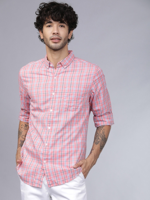 

HIGHLANDER Men Coral and White Slim Fit Checked Casual Shirt