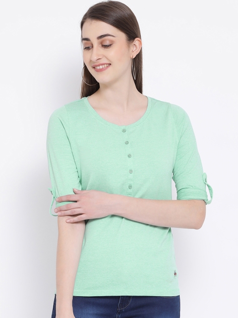 

Crimsoune Club Women Green Solid Henley Neck T-shirt