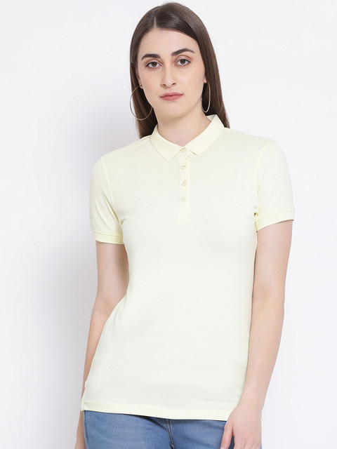 

Crimsoune Club Women Cream-Coloured Solid Polo Collar T-shirt