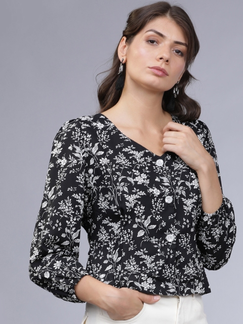 

Tokyo Talkies Women Black Floral Print Styled Back Crop Top