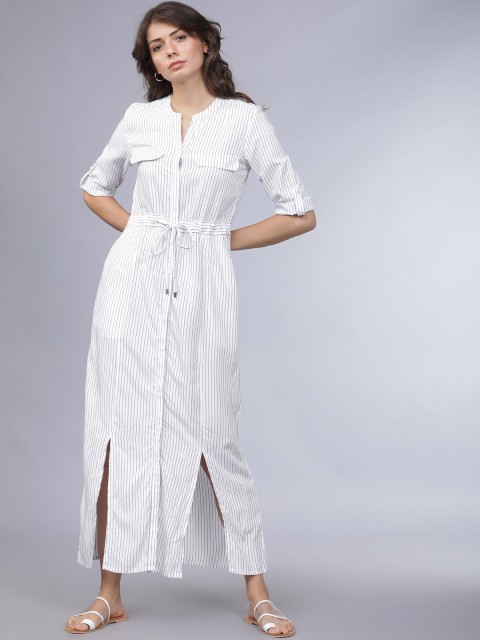 

Tokyo Talkies Women White & Grey Striped Maxi Dress With Slit Detailing