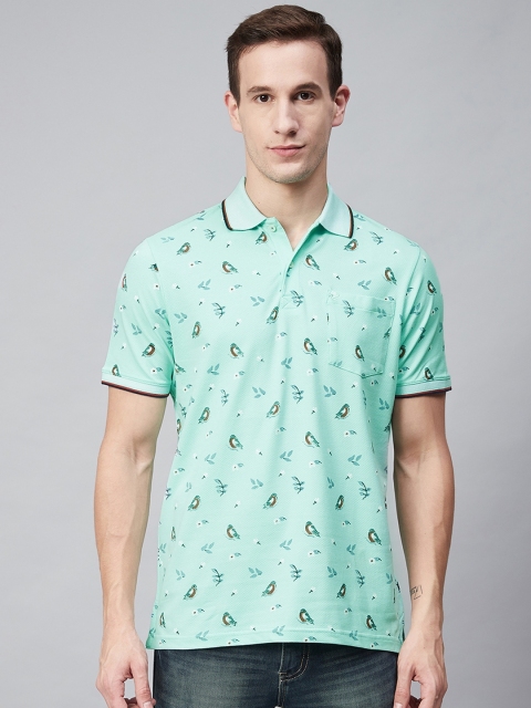 

Blackberrys Men Sea Green & Olive Brown Bird Print Polo Collar T-shirt
