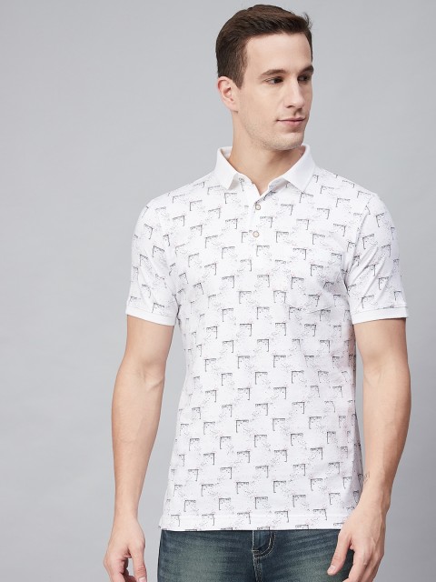 

Blackberrys Men White Navy Blue Printed Polo Collar Pure Cotton T-shirt