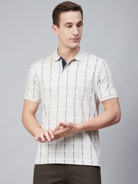 

Blackberrys Men Grey Melange Navy Blue Checked Polo Collar Pure Cotton T-shirt