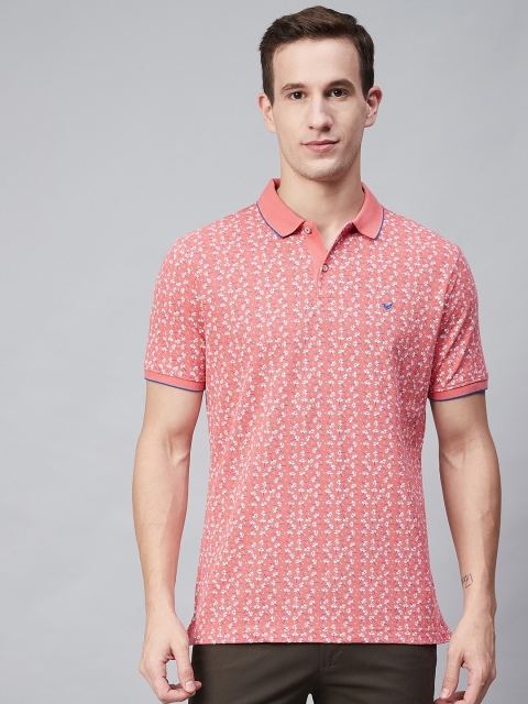 

Blackberrys Men Peach-Coloured White Floral Printed Polo Collar Pure Cotton T-shirt