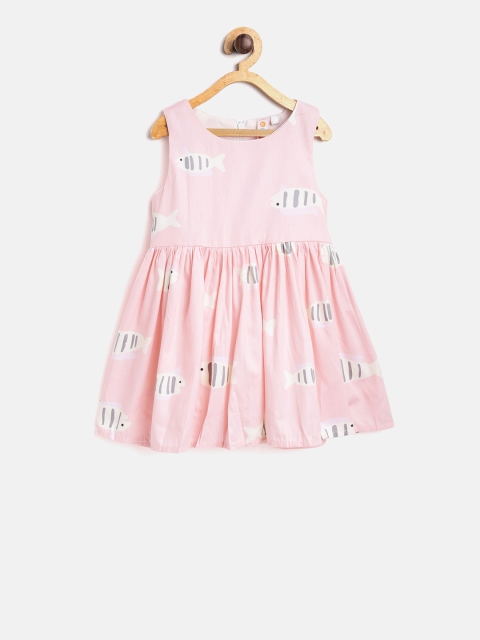 

Kids On Board Girls Pink & Grey Fish Printed Fit and Flare Dress