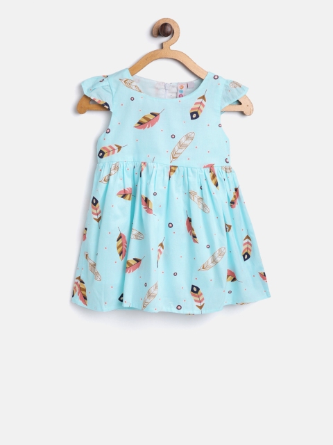 

Kids On Board Girls Blue & Pink Feather Printed Fit and Flare Dress