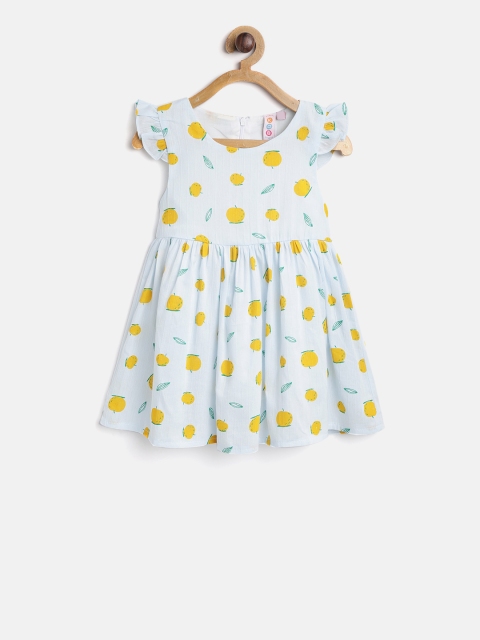

Kids On Board Girls Blue & Mustard Yellow Apple Printed Fit and Flare Dress