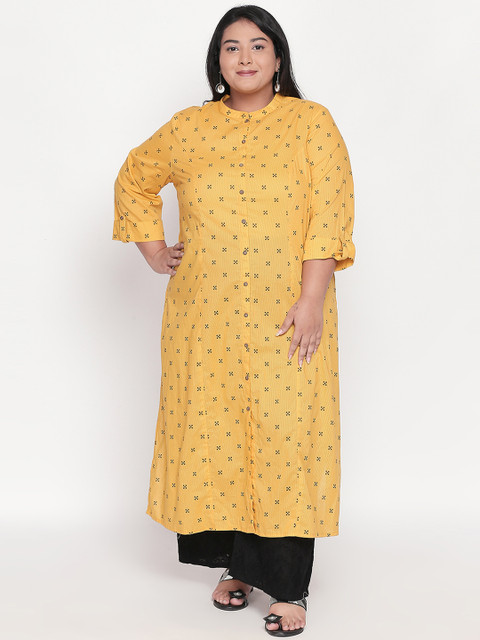 

RANGMANCH PLUS by Pantaloons Women Mustard Yellow Printed Straight Kurta