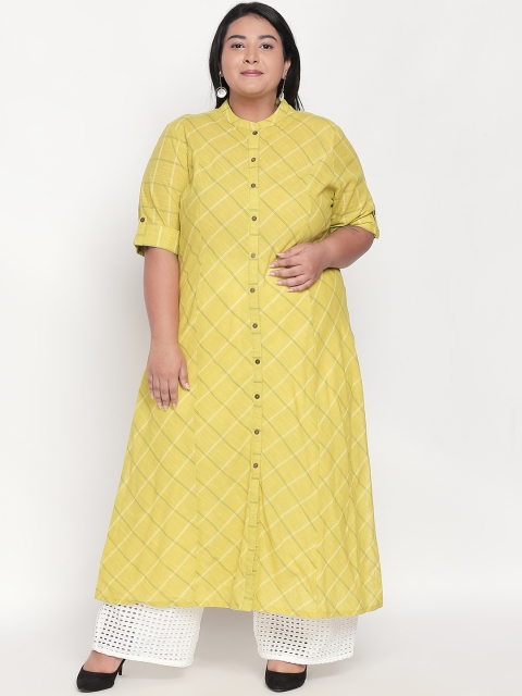 

RANGMANCH PLUS by Pantaloons Women Yellow & White Checked Straight Kurta