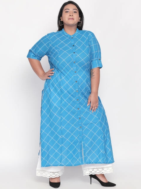 

RANGMANCH PLUS by Pantaloons Women Blue Checked Straight Kurta