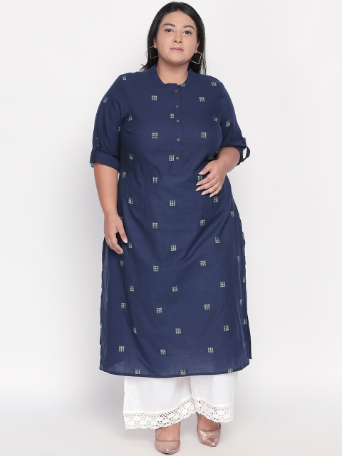 

RANGMANCH PLUS by Pantaloons Women Navy Blue Woven Design Straight Kurta