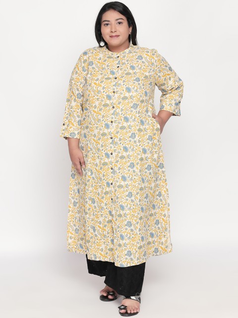 

RANGMANCH PLUS by Pantaloons Women Yellow & Off-White Floral Printed Straight Kurta