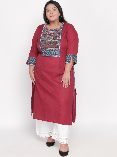 

RANGMANCH PLUS by Pantaloons Women Maroon Striped Straight Kurta