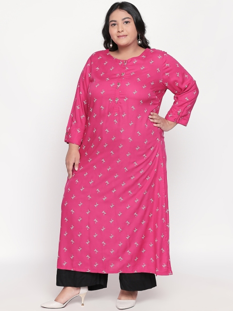 

RANGMANCH PLUS by Pantaloons Women Fuchsia Pink Printed Straight Kurta